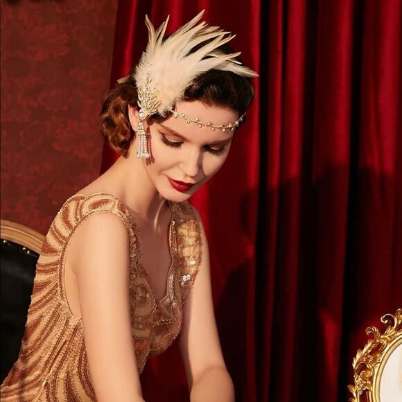 ✨ NWT Art Deco 1920’s Gatsby Flapper Feather Crystal Rhinestone & Pearl Headband - Picture 3 of 6